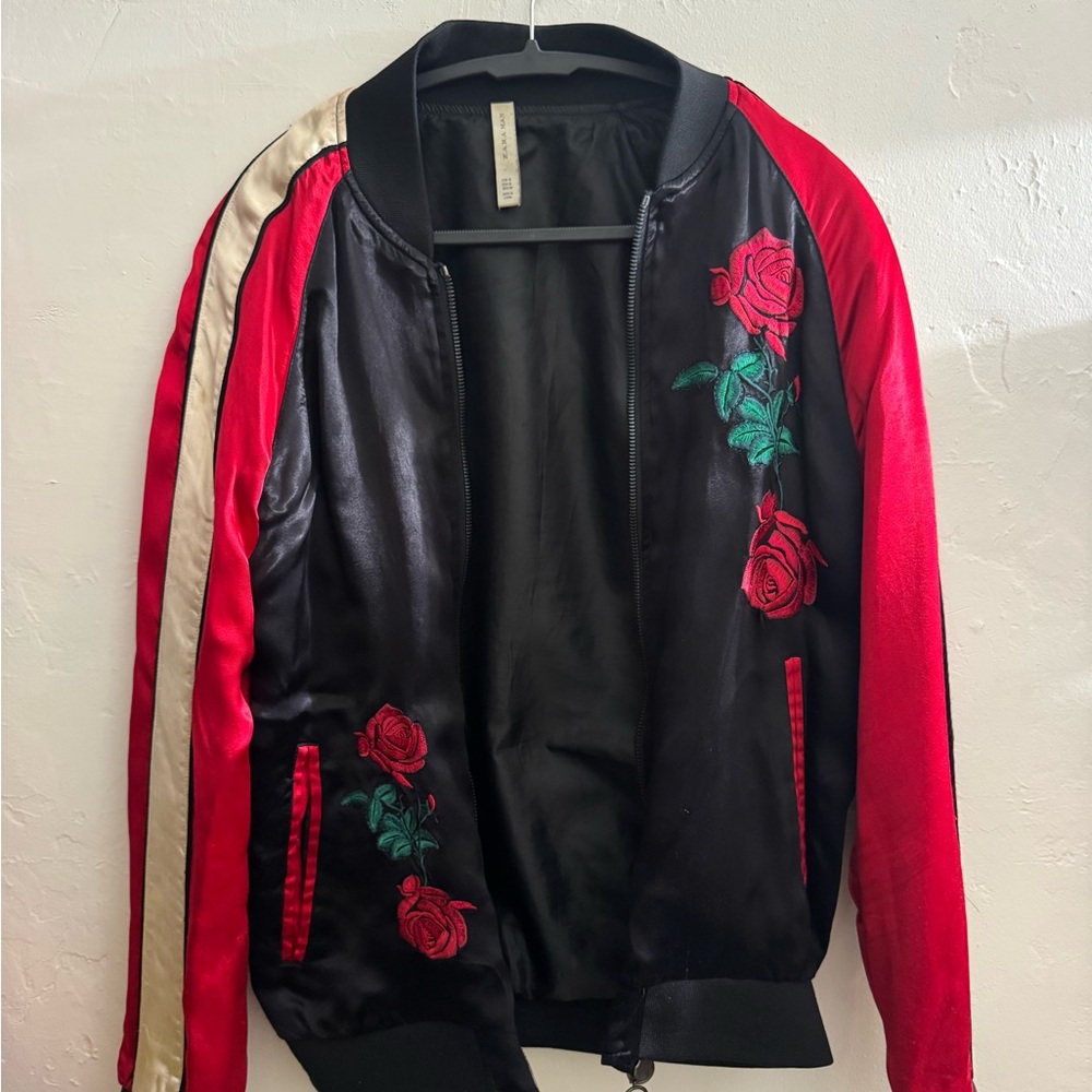 Floral Embroidered Satin Bomber Jacket